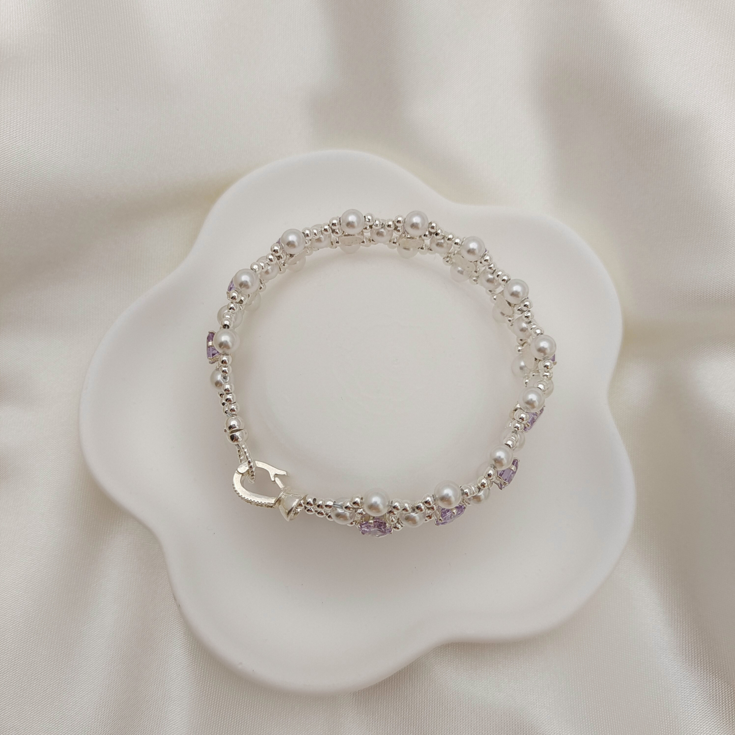 【No.62】 LilacPearl DIY Bracelet Craft Kit – Purple CZ, Pearl & Silver Seed Beads, Complete Tutorial Included Beading Materials