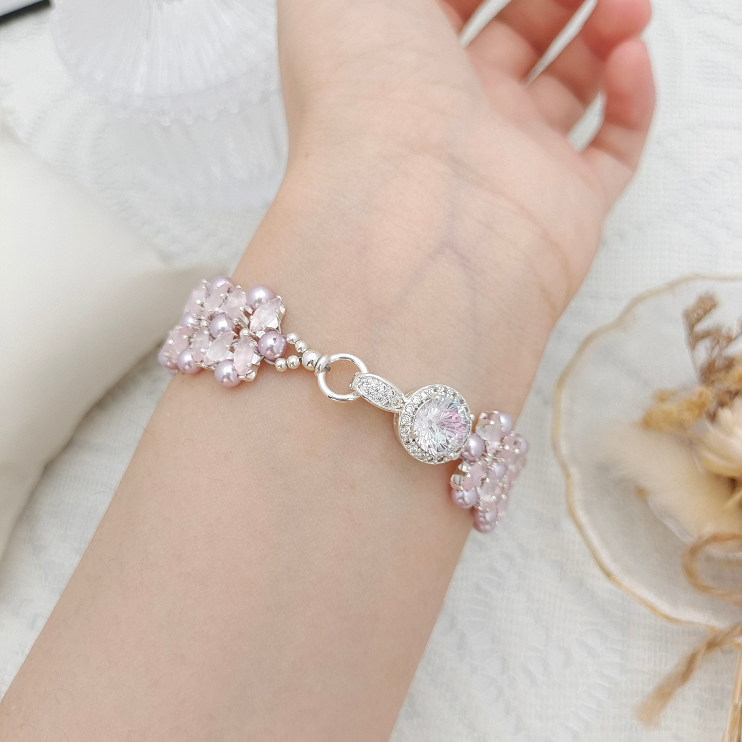 【No.99】DIY Bracelet Kit – Pink Fireworks with Lilac Pearls & Marquise Crystals | Full Tutorial Included