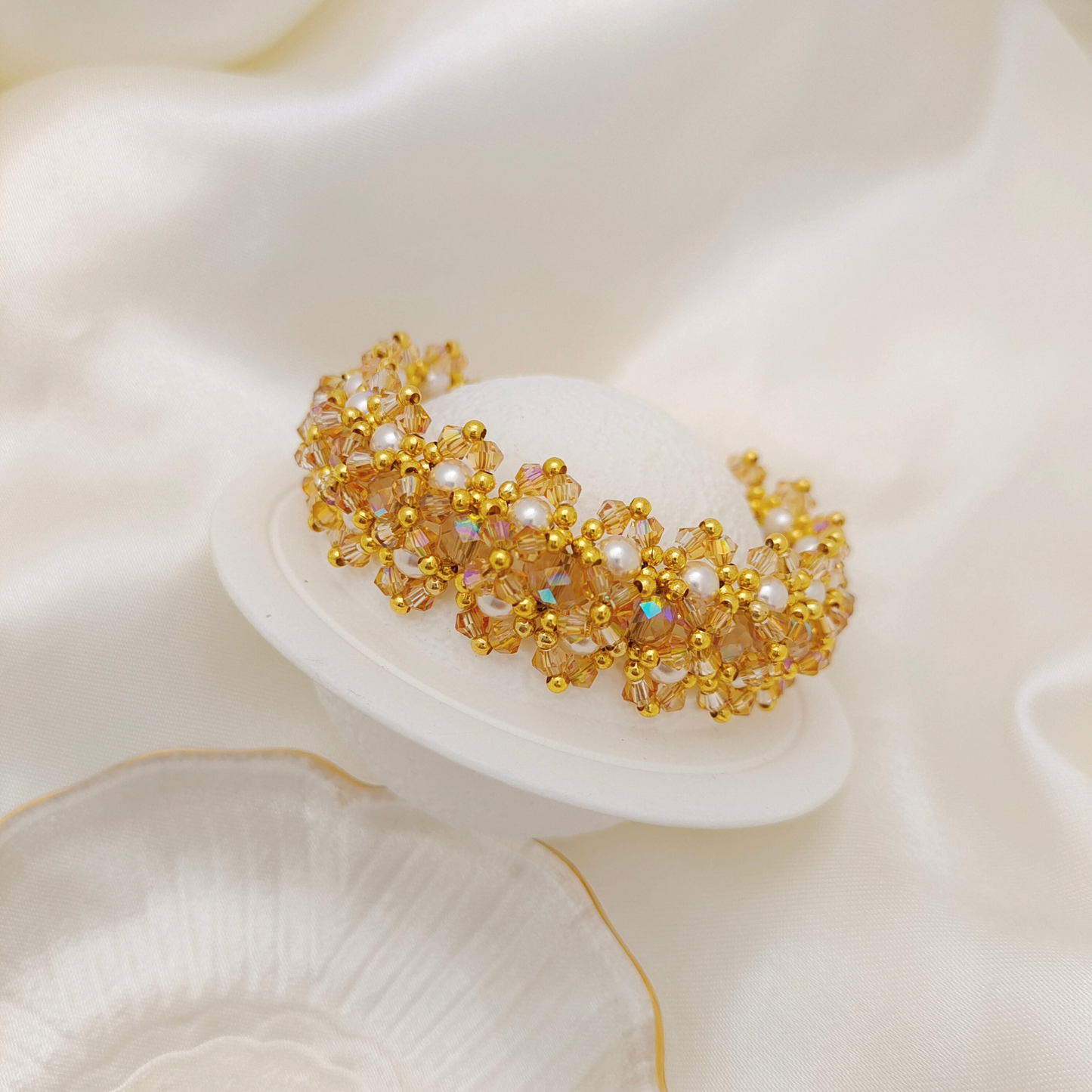 【No.122】DIY Beading Kit – Caramel Macchiato Bracelet | Pearls, AB Crystals & Peacock Clasp | Complete Tutorial