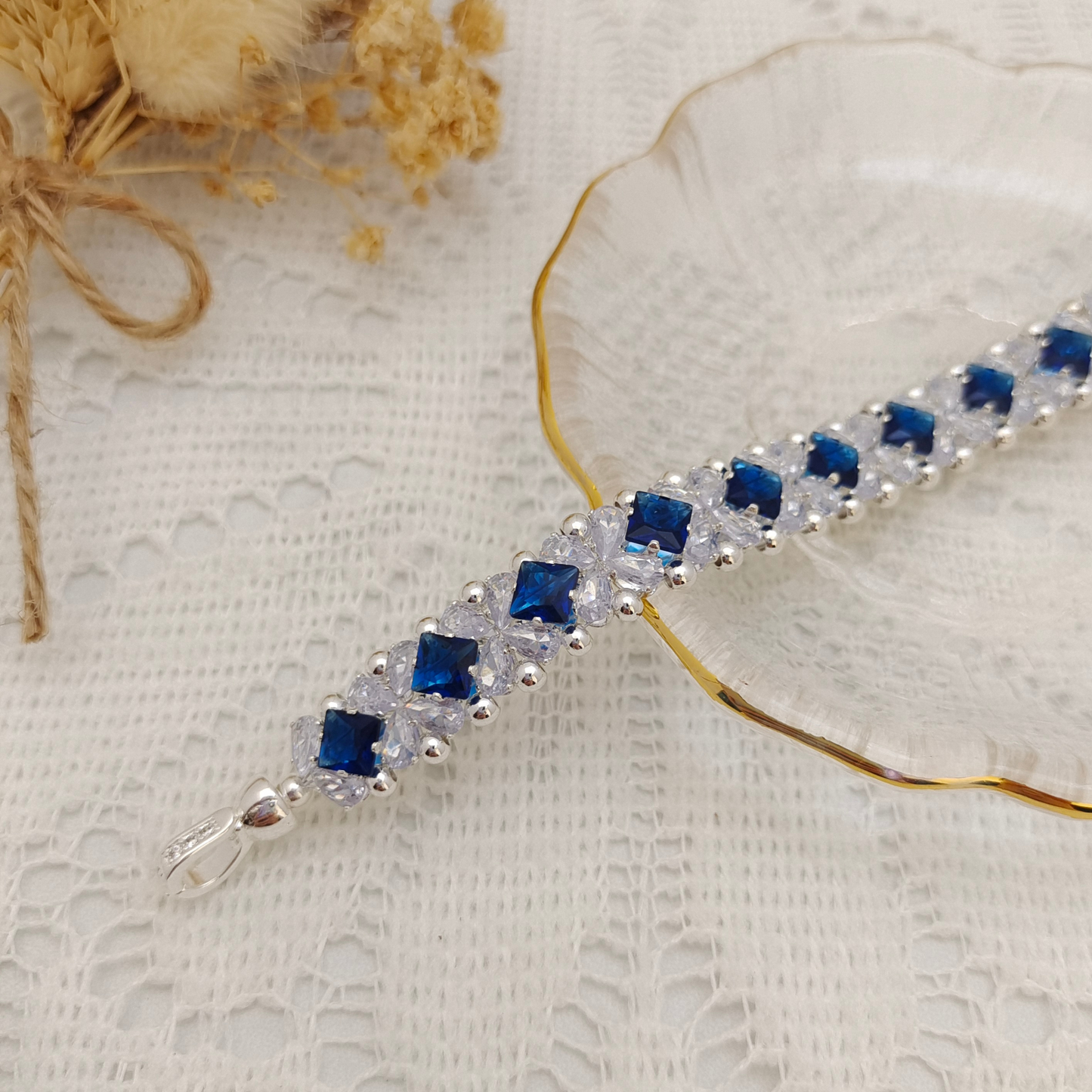 【No.82】 DIY Bracelet Craft Kit – Blue Danube Square & Teardrop CZ Bead Set with Full Tutorial