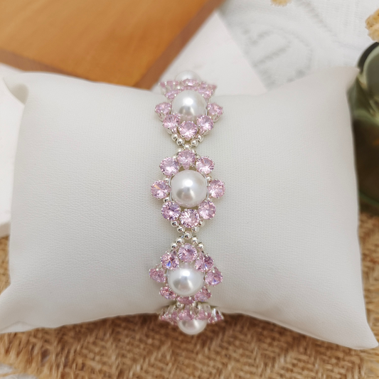 【No.93】Pink Rose Handmade Bracelet | 8mm Pearls & Pink CZ | Ready-to-Wear Elegant Beaded Jewelry