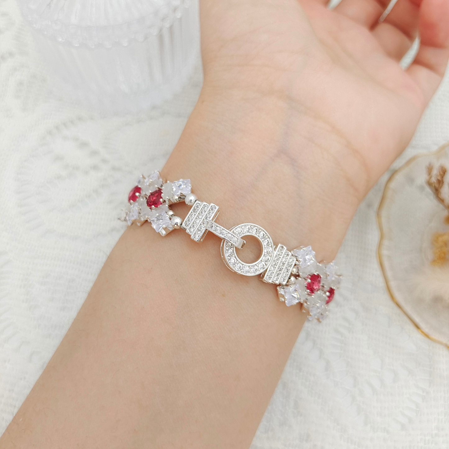 【No.100】Handmade Bracelet – “Lily” with Rectangular, Square & Round CZ Stones | Elegant Sparkling Jewelry Gift