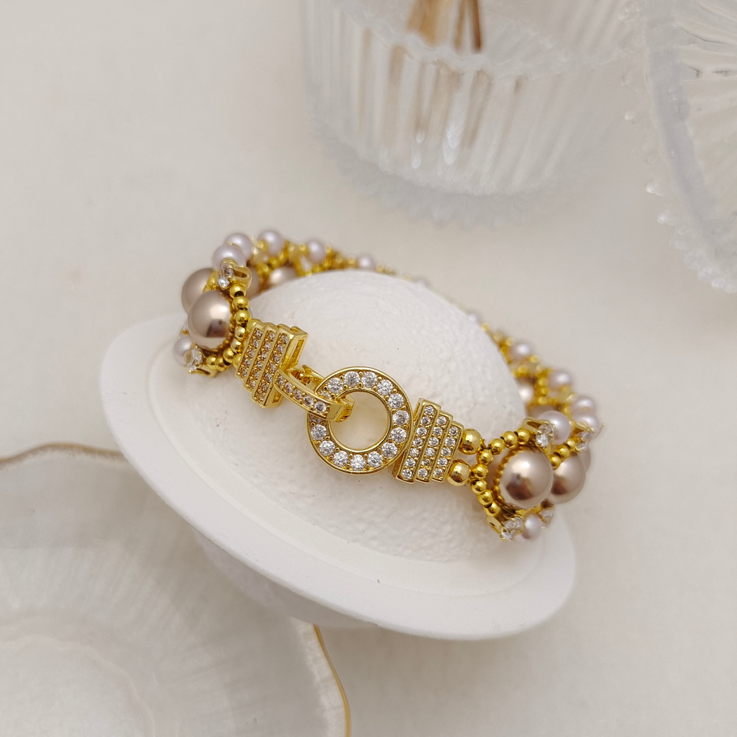 【No.114】DIY Beading Kit | Aureate Bead Blossom Bracelet Materials + Full Tutorial | Pearls, CZ Beads & Lollipop O-Clasp