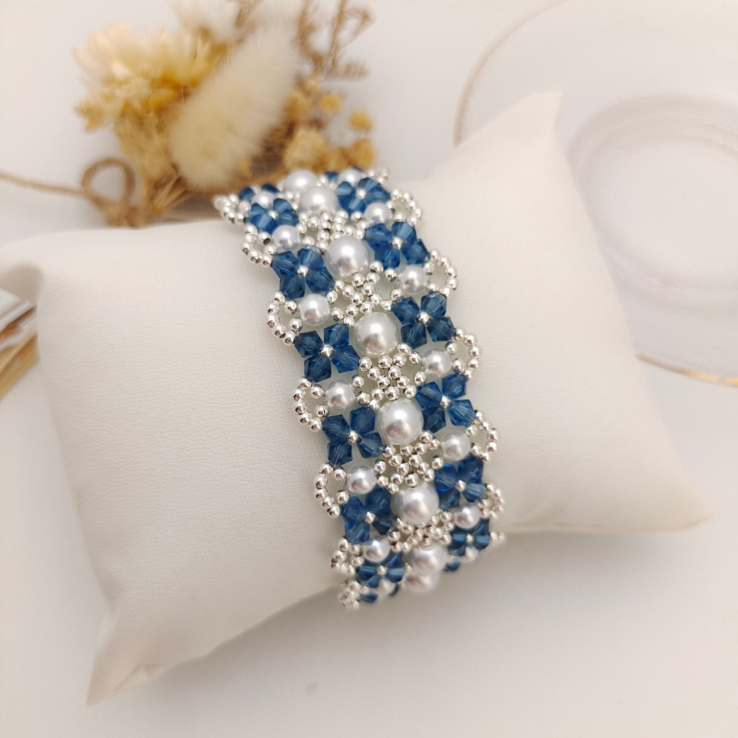【No.83】 DIY Bracelet Craft Kit – French Lace Beaded Pearl & Crystal Bracelet with 3-Row Clasp