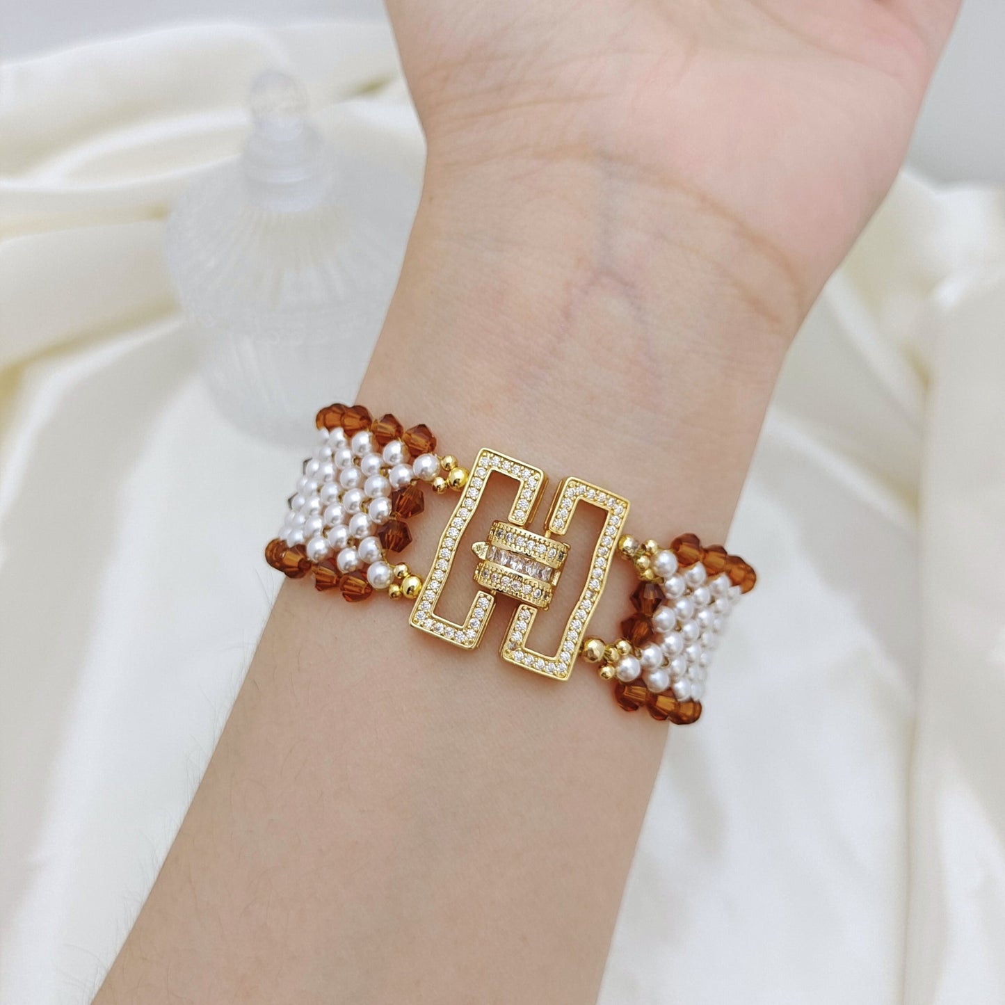 【No.132】DIY Bracelet Kit – “Chanel Style Plus” Beading Set | 3mm Pearls, 4mm Rhombus Beads, 6-Hole Clasp | Complete Tutorial Included iFCraftorium