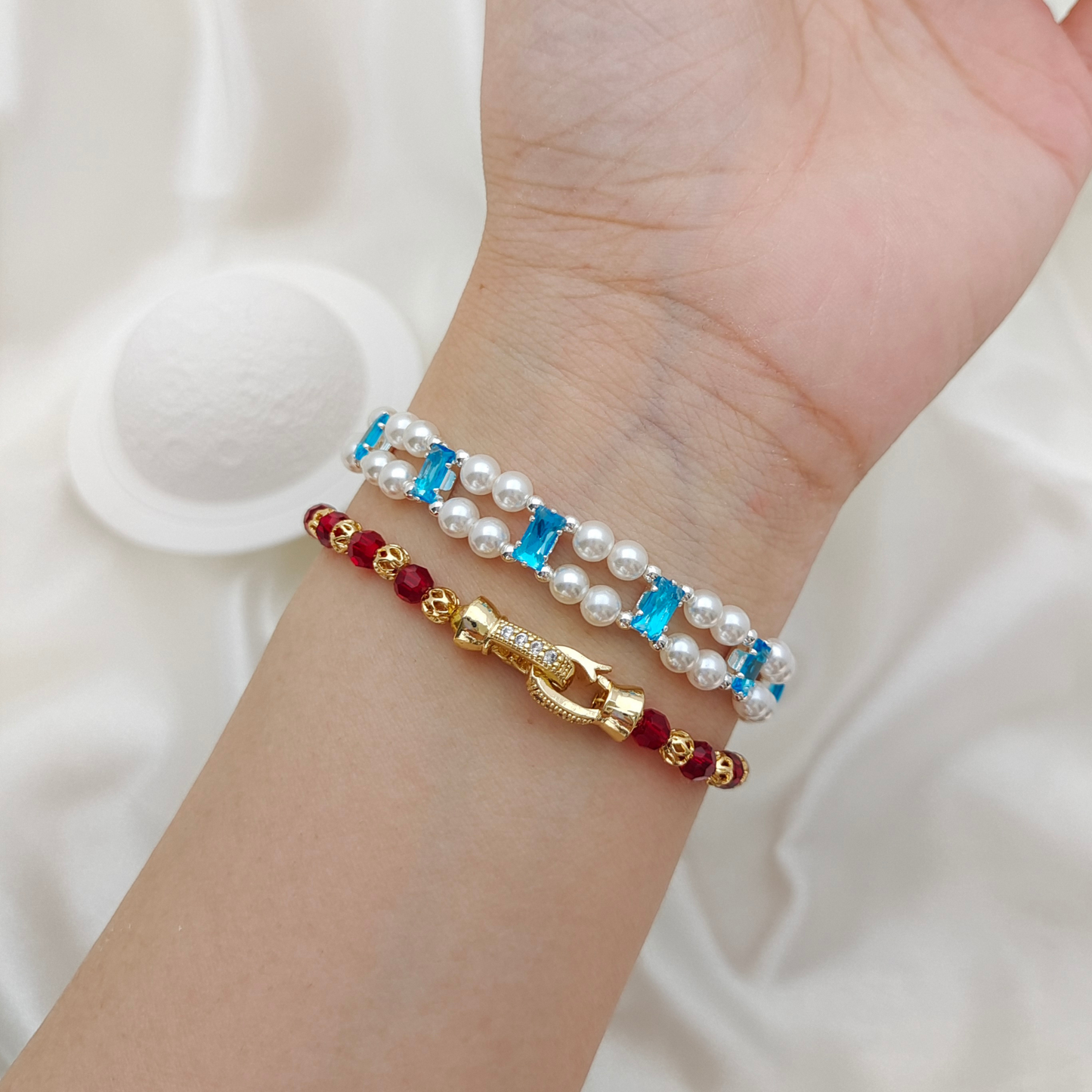 【No.37】DIY Celestial Pearl Link Handmade Bracelet | Aquamarine Zircon & Pearl | Finished Beaded Jewelry