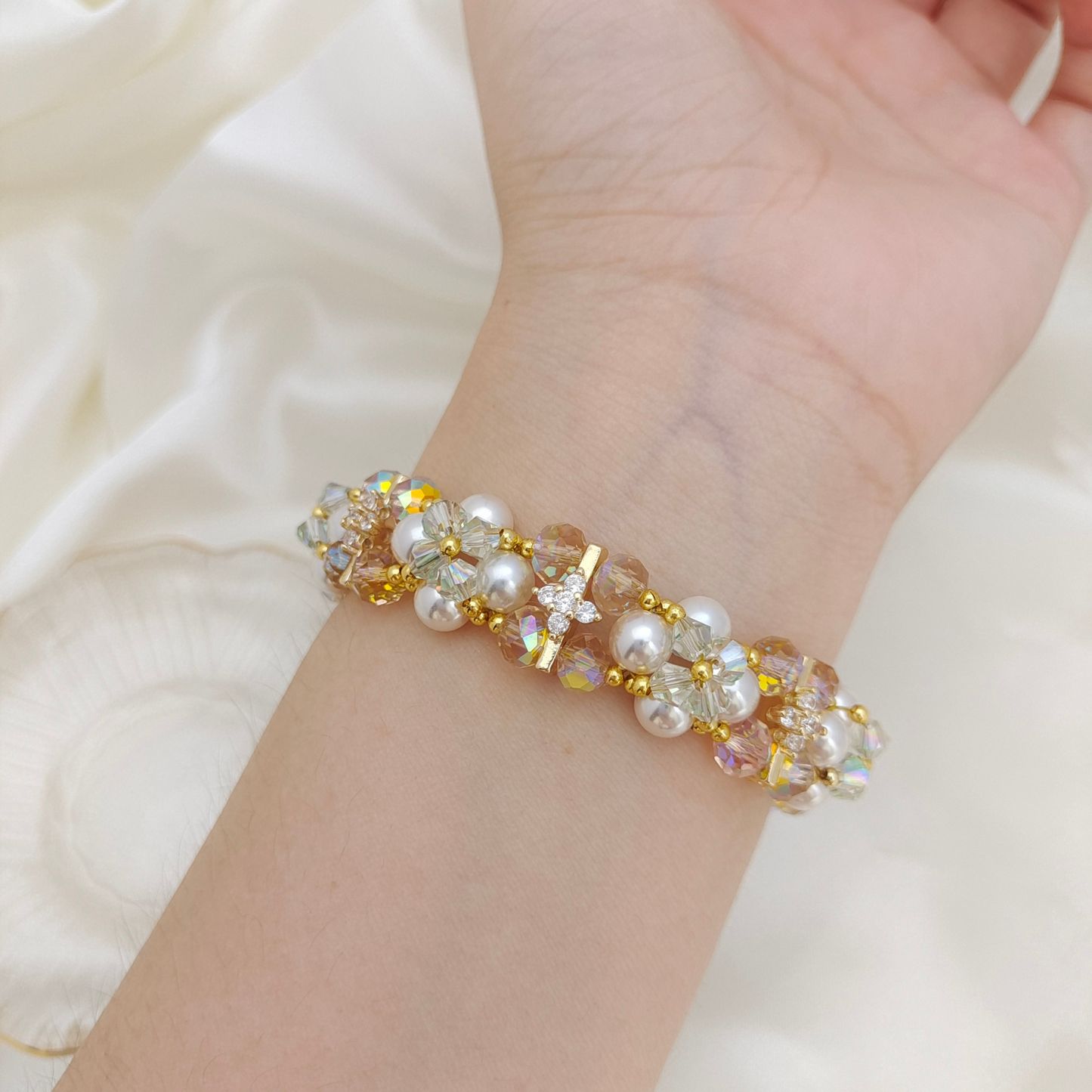 【No.121】DIY Beading Kit – Ice Tea Bracelet | Pearls, AB Crystals & Peacock Clasp | Complete Tutorial