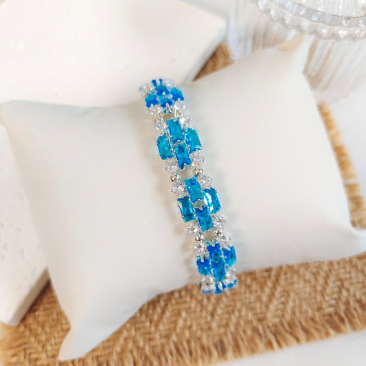 【No.38】 DIY Handmade Bracelet – Smurf Blue Baguette Zircon & Crystal Beaded Bracelet Gift for Her