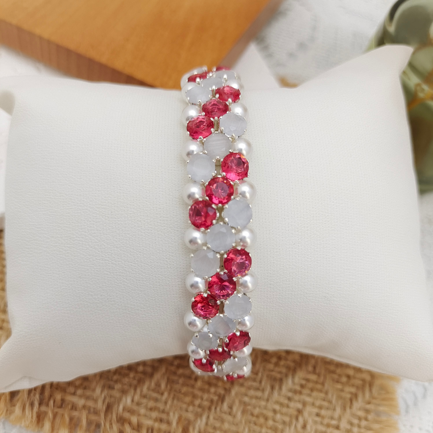 【No.90】Carnation Beaded Bracelet | Rose Red CZ & White Cat Eye with Pearls | Handmade Jewelry