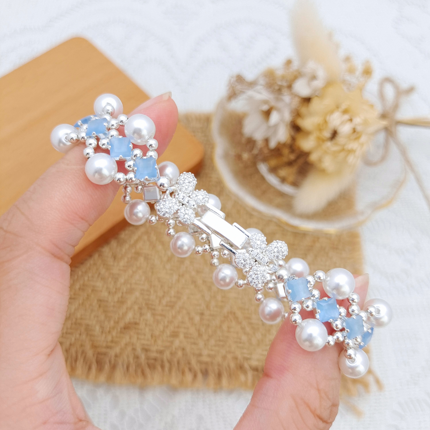 【No.86】Handmade Bracelet – French Court with Pearls & Cat Eye Square Beads | Vintage Regal Style