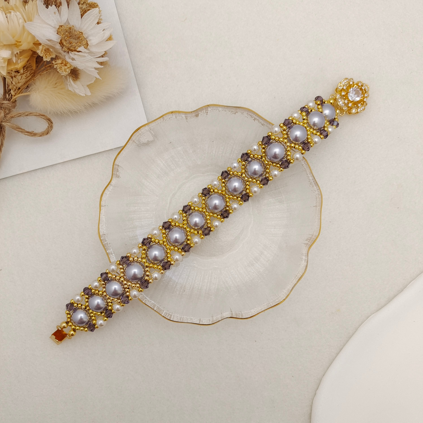 【No.113】Handmade Violet Pearl Weave Bracelet | Elegant Beaded Bracelet with Pearls & Crystal Beads | Lollipop Camellia Clasp