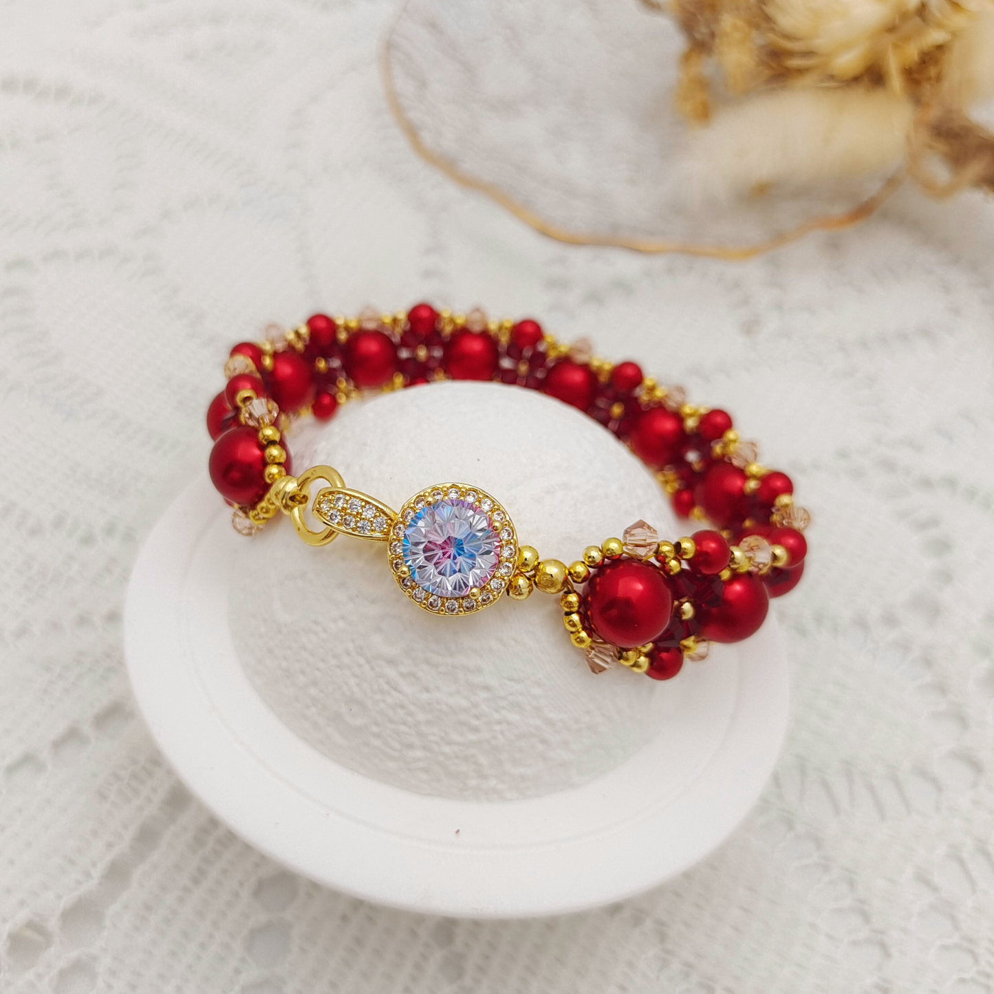 【No.101】Handmade Bracelet – “Passion” Red & Pink Crystal with Pearls | Elegant DIY Jewelry Design
