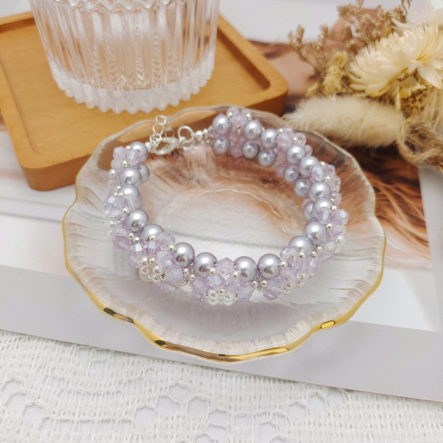 【No.96】Little Sunflower Handmade Pearl & Rhombus Bead Bracelet | Finished Product | Lobster Clasp