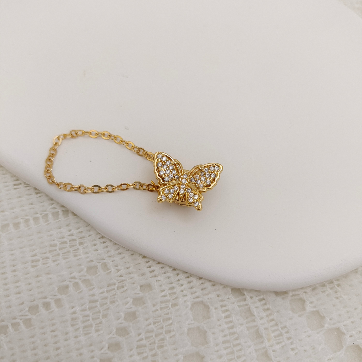【B35】DIY Clasp – Full Zircon Dreamy Butterfly Magnetic Clasp with Safety Chain, 18K Gold/Thick Silver Plated, Tarnish Resistant, Jewelry Making Accessories