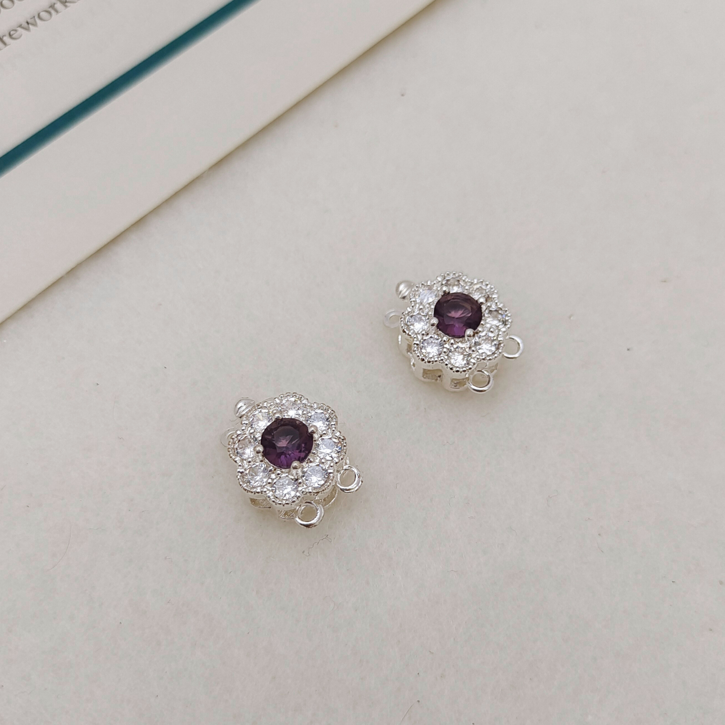 【B36】1PCS DIY Clasp – Purple Zircon Flower Insert Clasp, Thick Silver Plated, Tarnish Resistant Jewelry Making Accessories