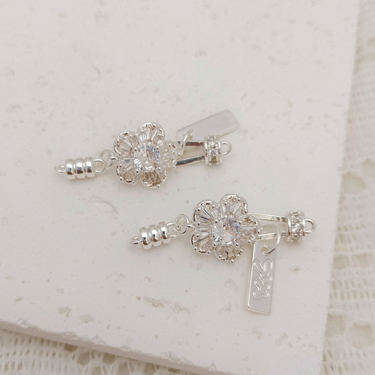 【B33】1PCS DIY Clasp – Plum Blossom Design with White Cubic Zirconia, Silver Plated, Non-Tarnish | Jewelry Making Supplies