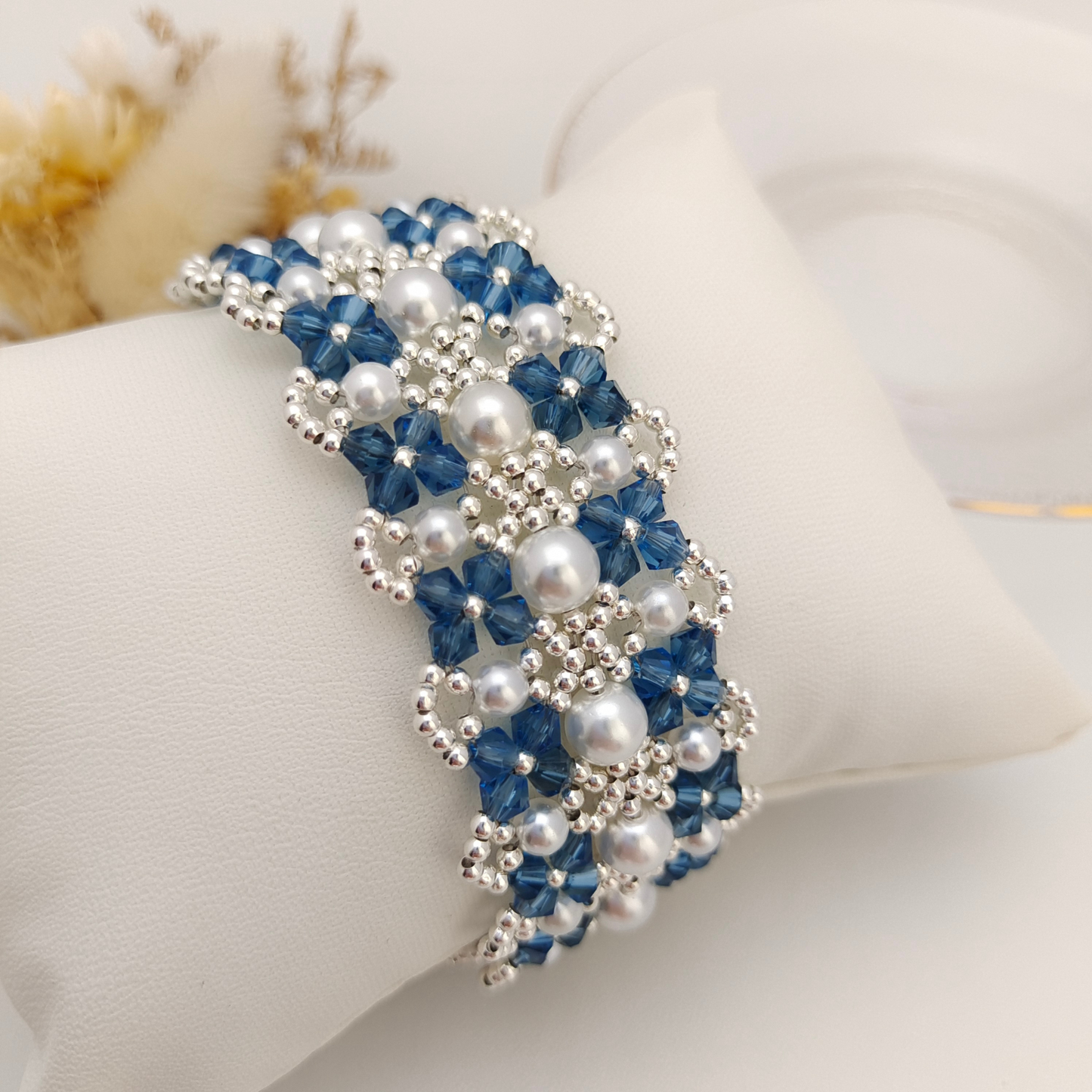 【No.83】 Handmade Bracelet – French Lace Triple-Strand Design with Pearls & Diamond Crystal Beads DIY Jewelry