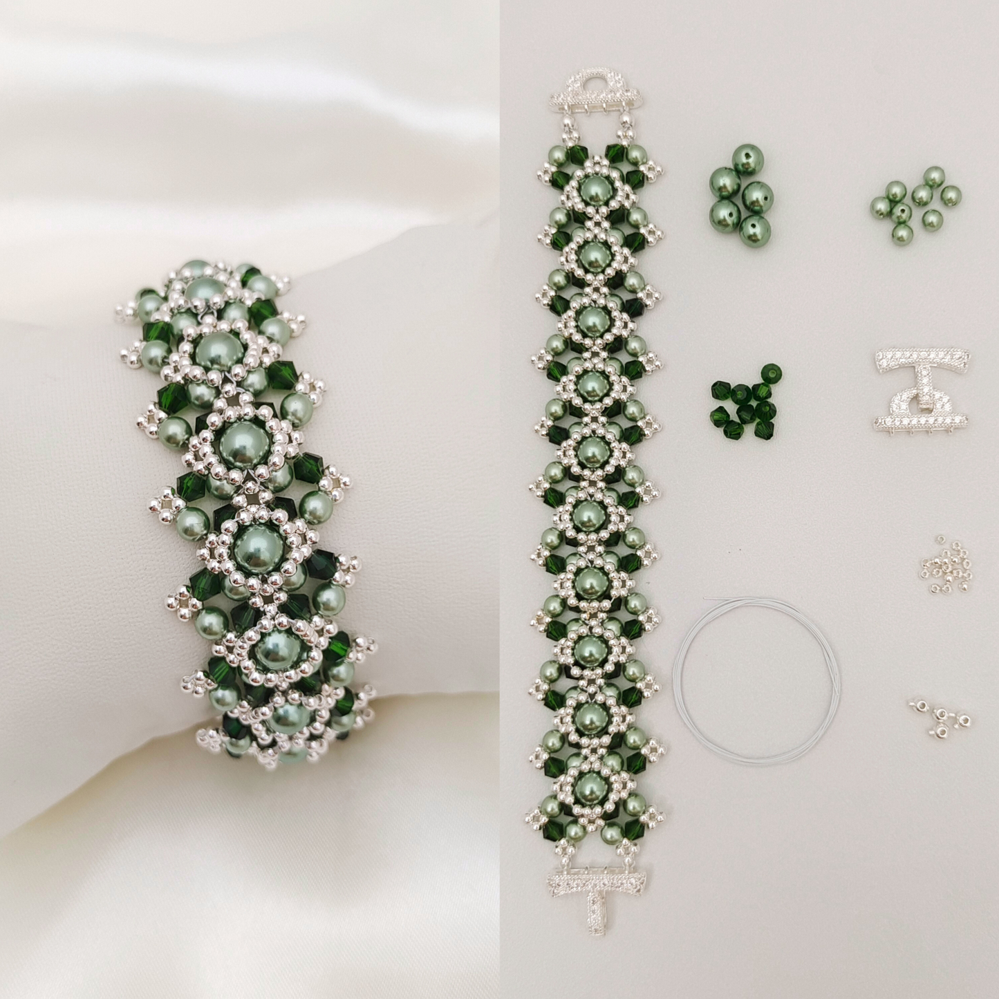 【No.53】 Vintage Peacock Green DIY Bracelet Craft Kit | Pearl & Crystal | Handmade Jewelry Includes Tutorial