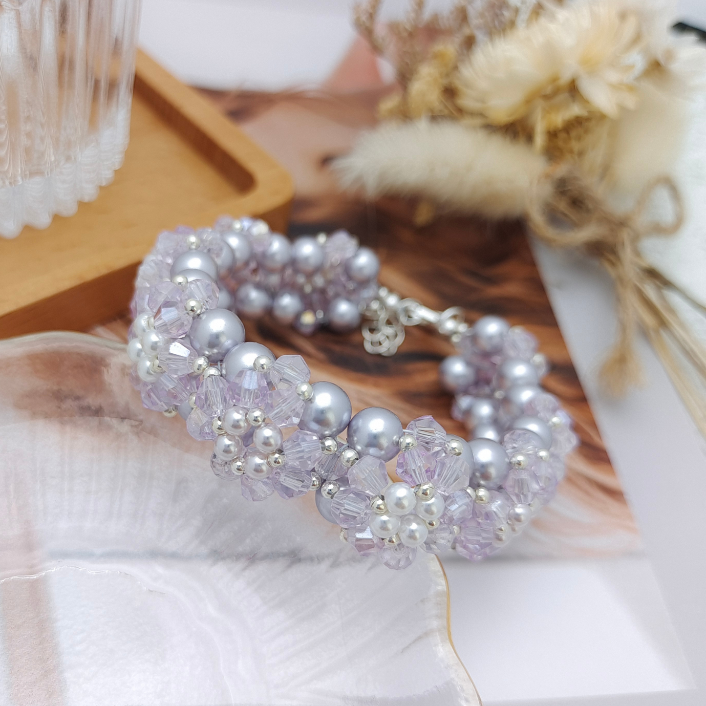 【No.96】Little Sunflower Handmade Pearl & Rhombus Bead Bracelet | Finished Product | Lobster Clasp