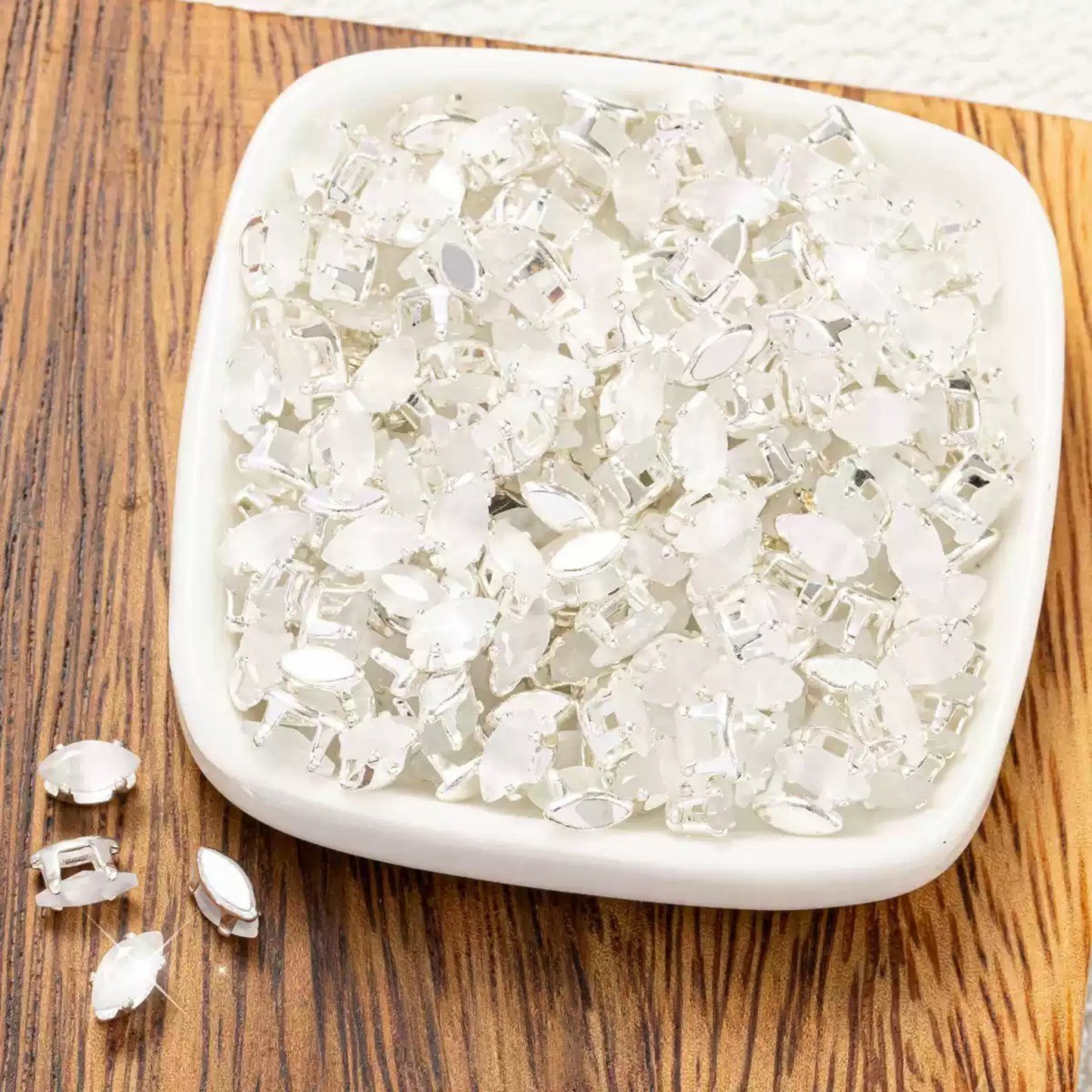 【C03】50pcs Cat Eye Marquise Rhinestone Beads – Silver-Plated Claw Settings, for DIY Jewelry