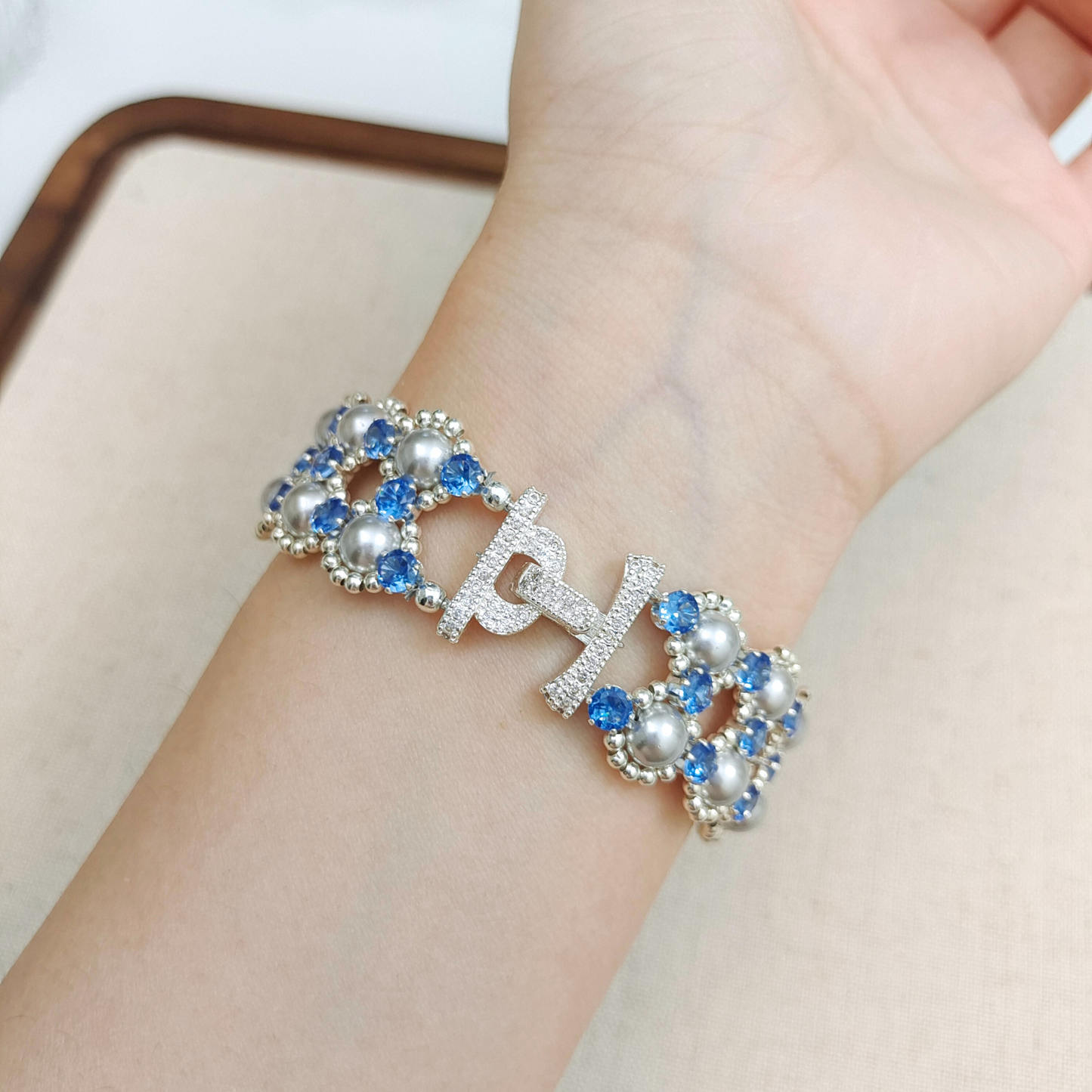 【No.98】Fancy Blue Handmade Bracelet | Pearls & Cubic Zirconia | Triple-Row Clasp