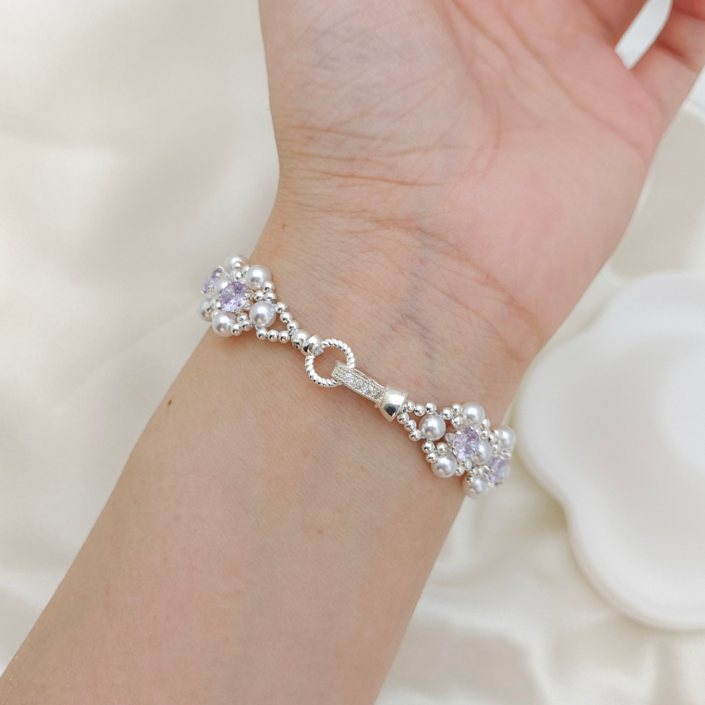 【No.62】 LilacPearl DIY Bracelet Craft Kit – Purple CZ, Pearl & Silver Seed Beads, Complete Tutorial Included Beading Materials