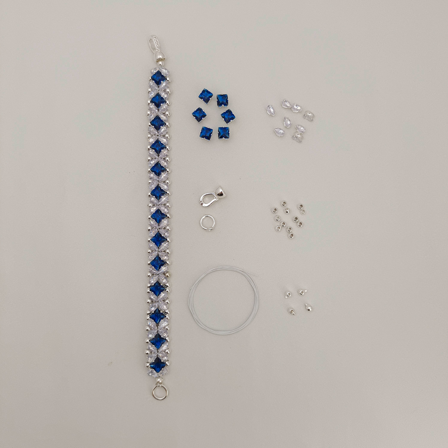 【No.82】 DIY Bracelet Craft Kit – Blue Danube Square & Teardrop CZ Bead Set with Full Tutorial