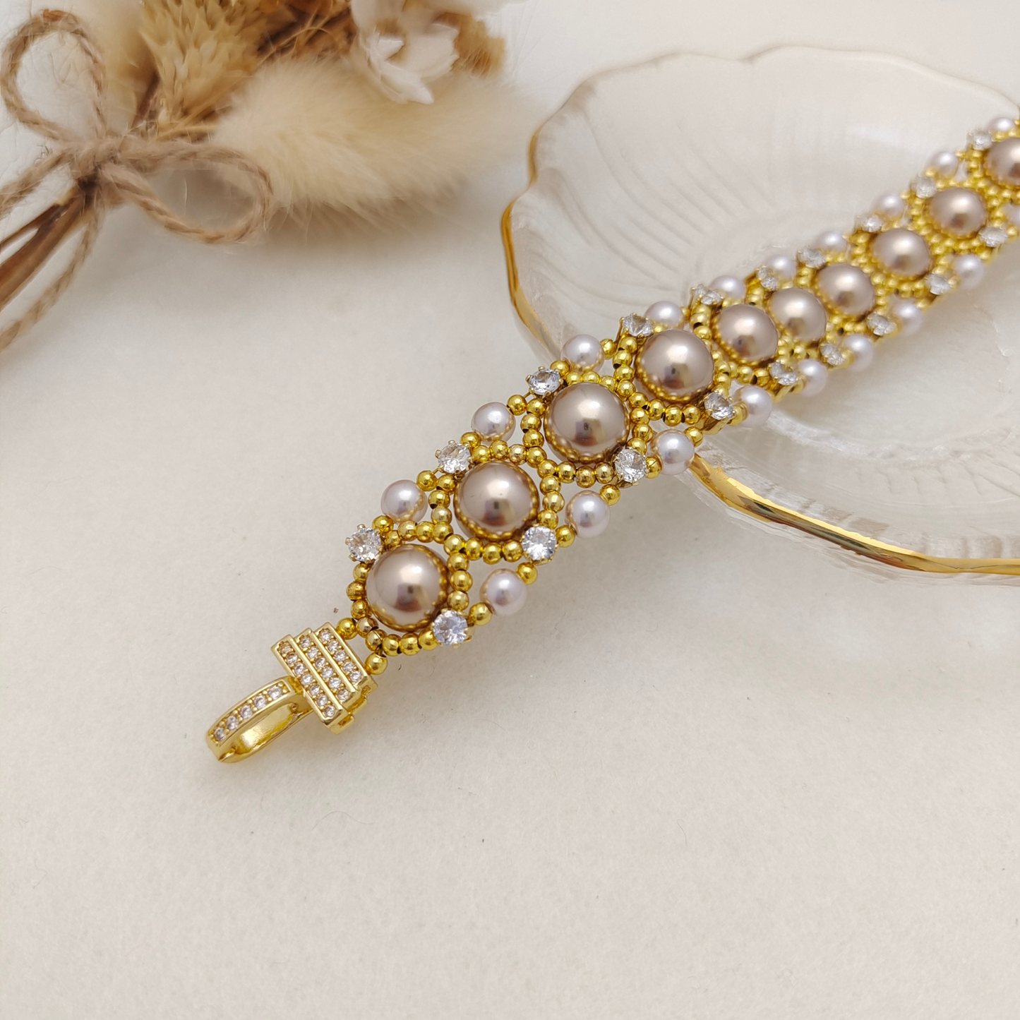 【No.114】Handmade Aureate Bead Blossom Bracelet | Pearl & Cubic Zirconia Beaded Bracelet | Lollipop O-Clasp