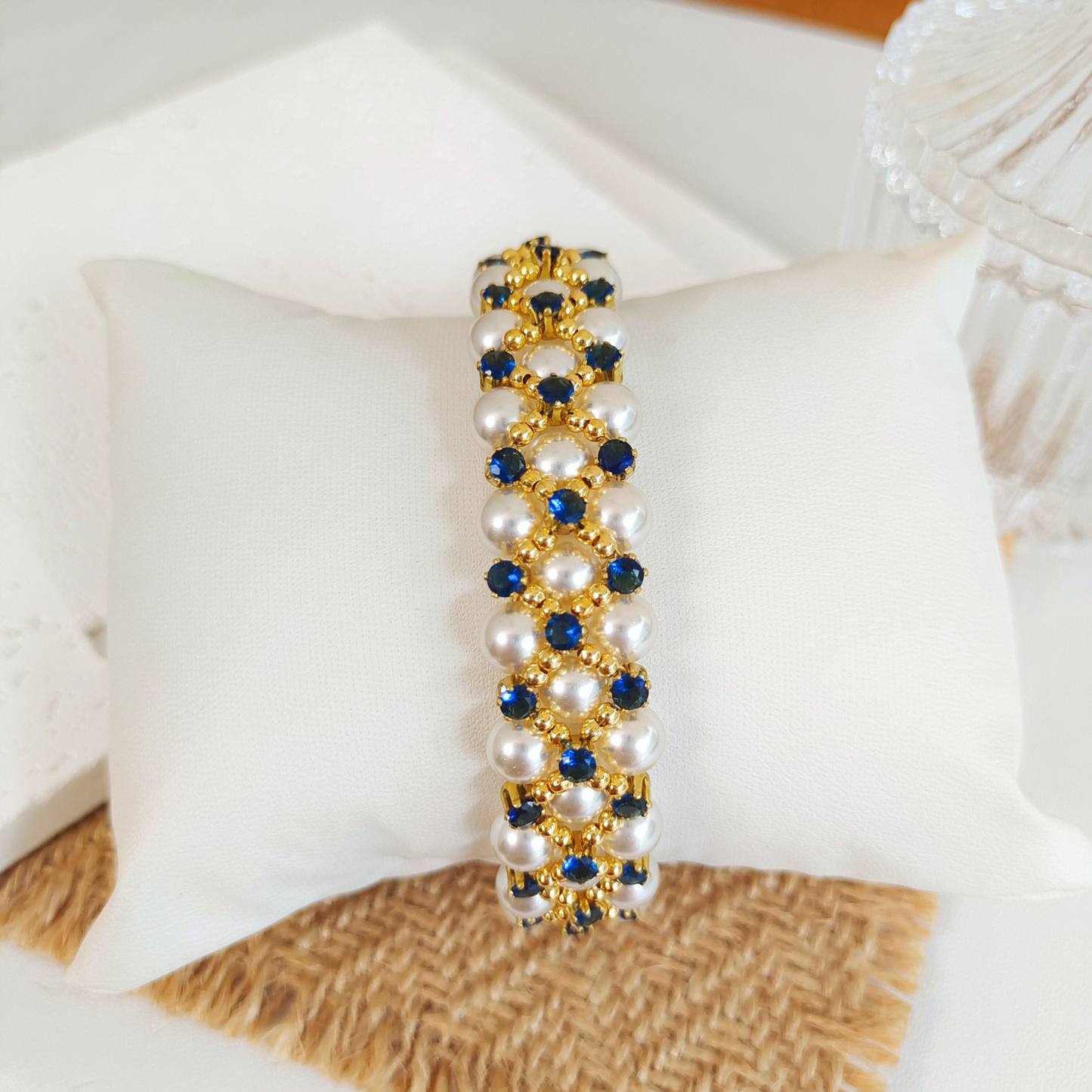 【No.45】 DIY Bracelet Craft Kit – Blue Phantom Beaded Design with Pearls & Sapphire Crystals Beading Set