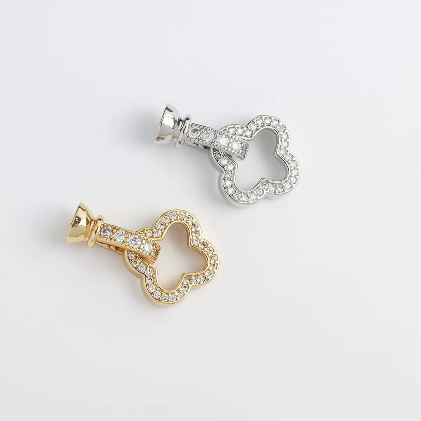 【B21】2PCS Four-Leaf Clover End Clasp – Full Rhinestone | 23×14mm Copper DIY Jewelry Connector