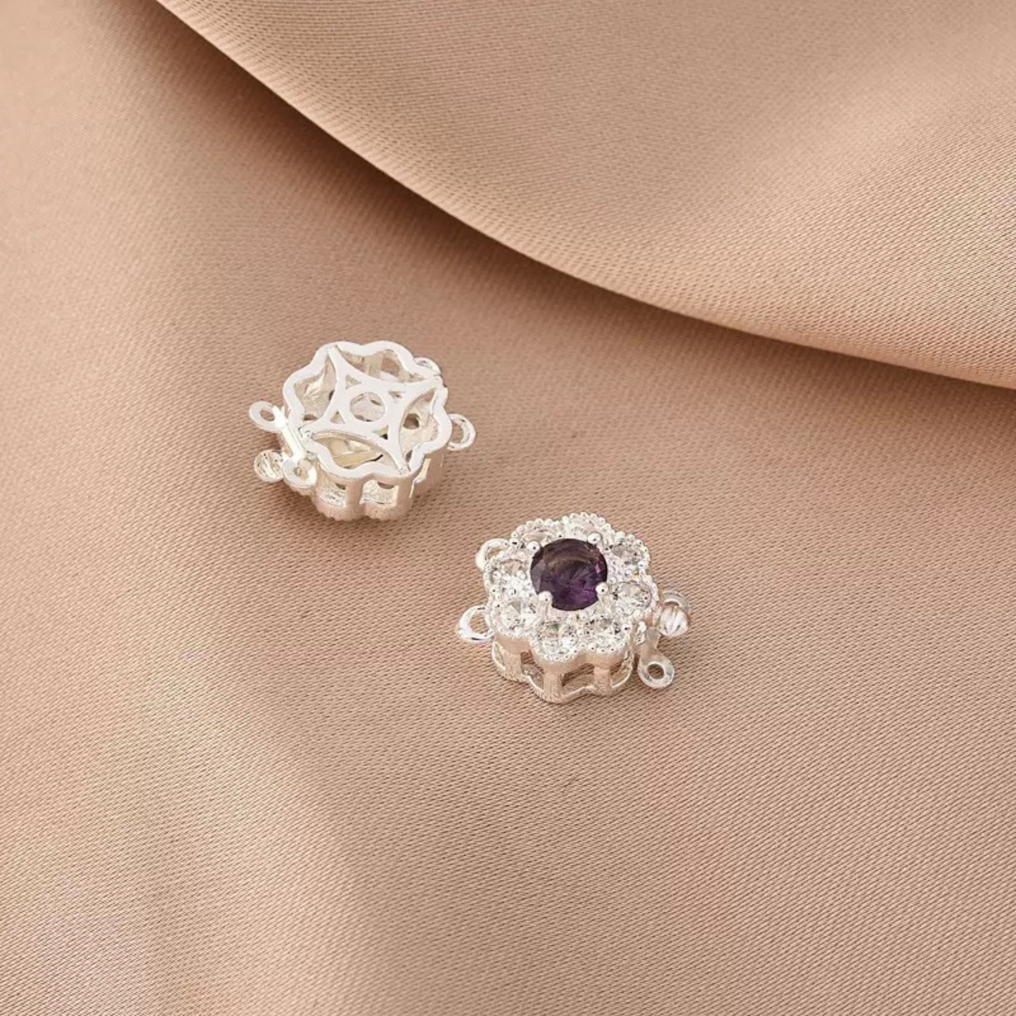 【B36】1PCS DIY Clasp – Purple Zircon Flower Insert Clasp, Thick Silver Plated, Tarnish Resistant Jewelry Making Accessories