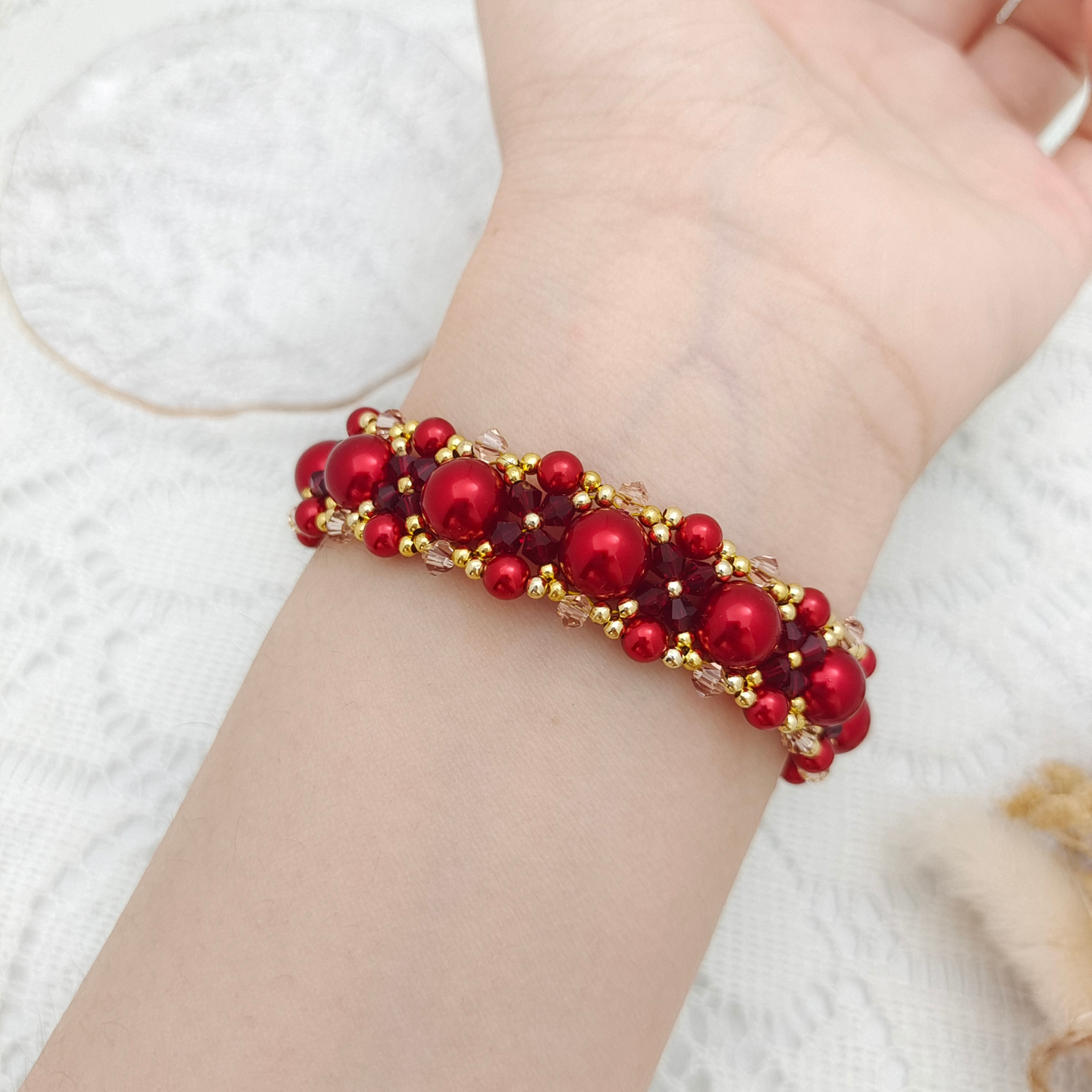 【No.101】Handmade Bracelet – “Passion” Red & Pink Crystal with Pearls | Elegant DIY Jewelry Design