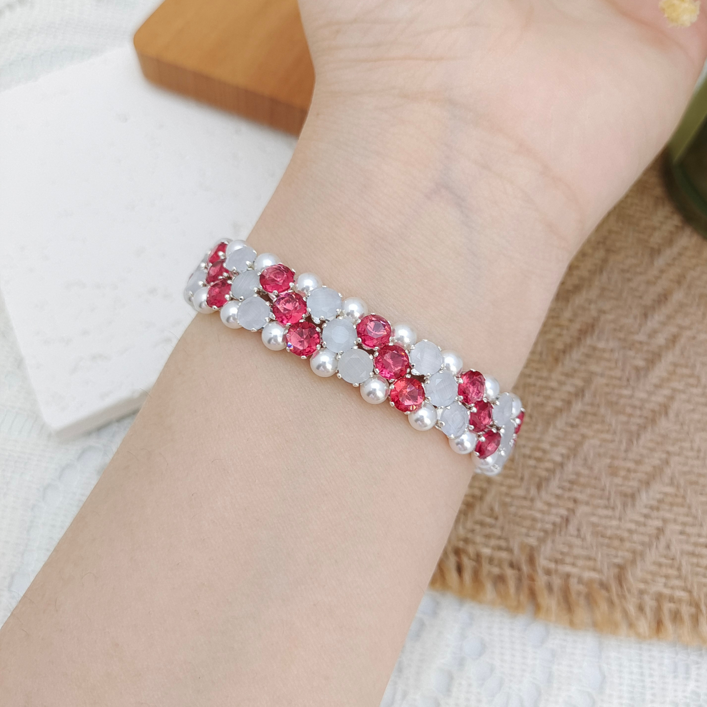 【90】DIY Bracelet Kit – Carnation | Rose Red CZ + White Cat Eye + Pearls | Full Tutorial Included