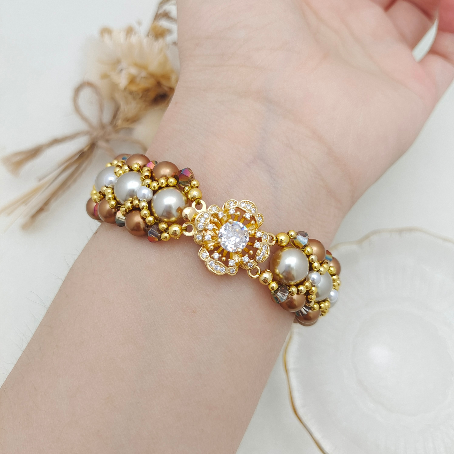 【No.110】Handmade Bracelet – Camellia Bloom | Pearls & Crystal Beads with Double-Row Camellia Clasp