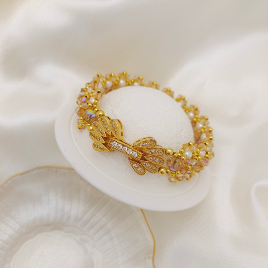 【No.122】DIY Beading Kit – Caramel Macchiato Bracelet | Pearls, AB Crystals & Peacock Clasp | Complete Tutorial