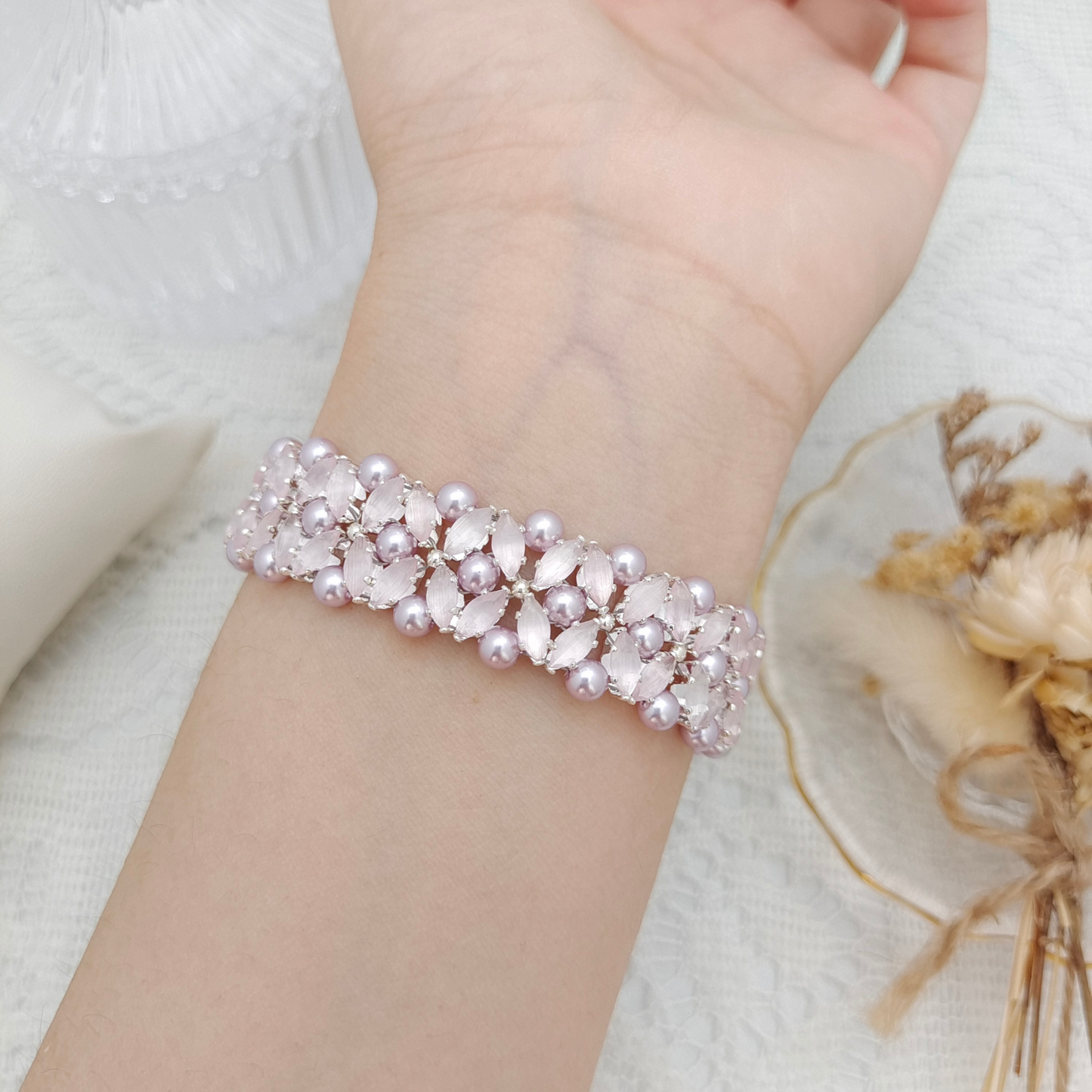【No.99】DIY Bracelet Kit – Pink Fireworks with Lilac Pearls & Marquise Crystals | Full Tutorial Included