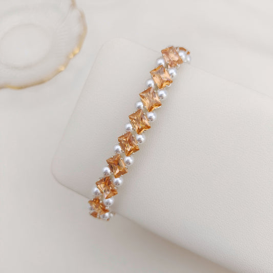 【No.176】DIY Square Zircon Pearl Bracelet Making Kit | Handmade Square Zircon Pearl Bracelet  | Complete Bead Kit with Tutorial | 4*7mm Square Zircon 4mm Pearl Craft Kit iFCraftorium