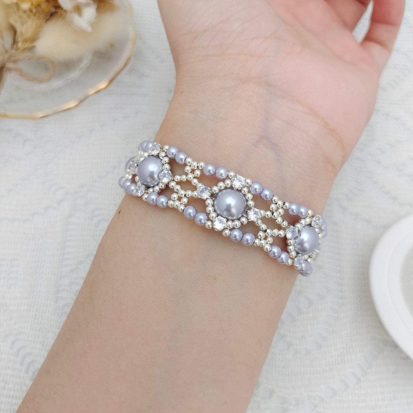 【No.104】Handmade Bracelet – Dream Weaver | Pearls & Zircon | Elegant DIY Jewelry