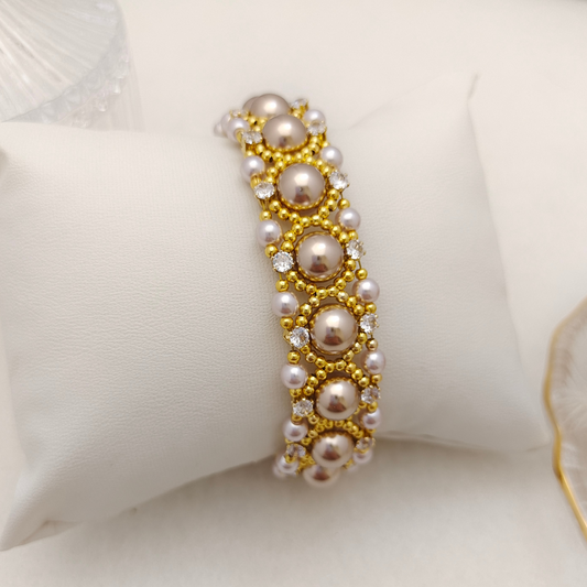 【No.114】Handmade Aureate Bead Blossom Bracelet | Pearl & Cubic Zirconia Beaded Bracelet | Lollipop O-Clasp