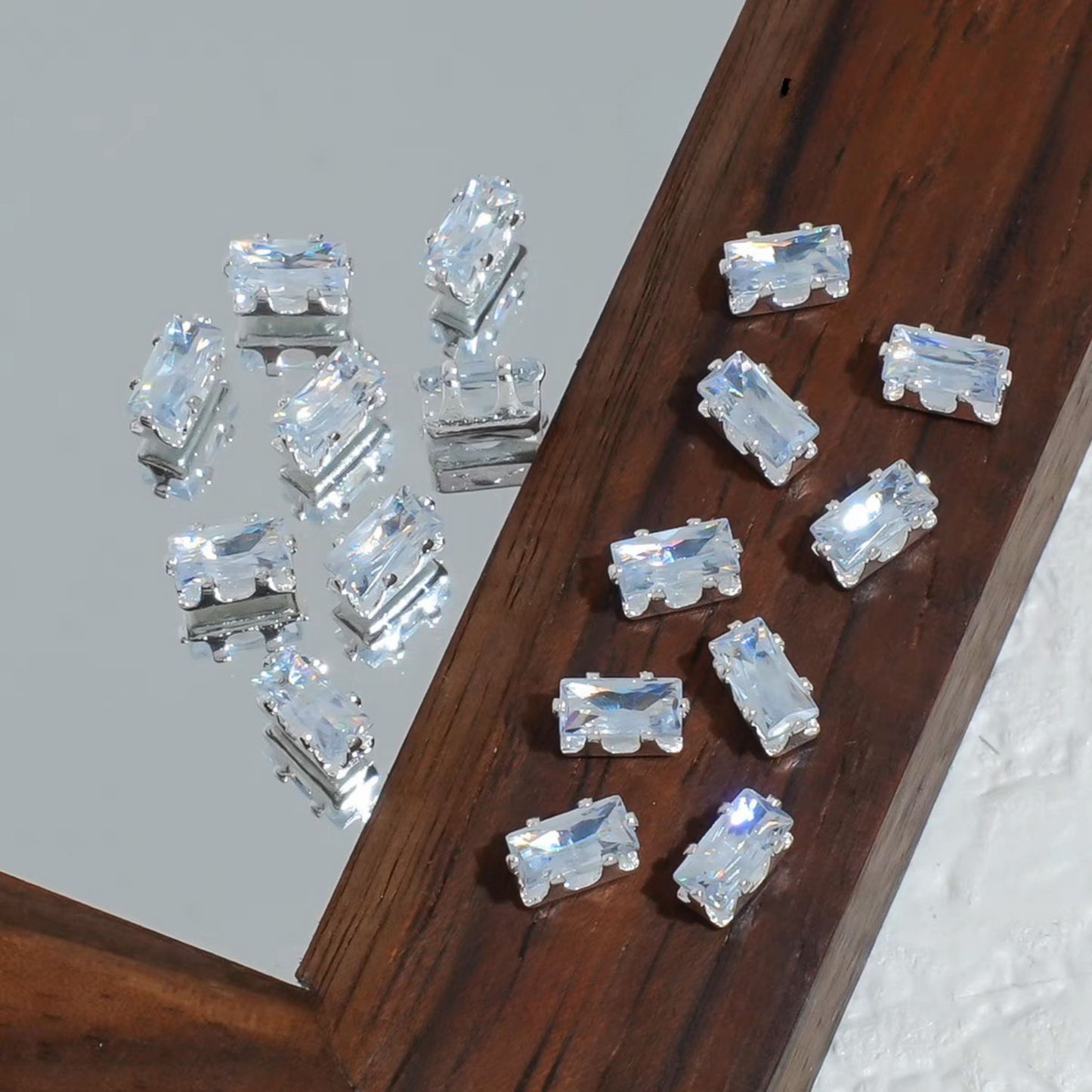 【A29】50pcs Rectangle Zircon Spacer Beads – Silver-Claw for DIY Handmade Jewelry
