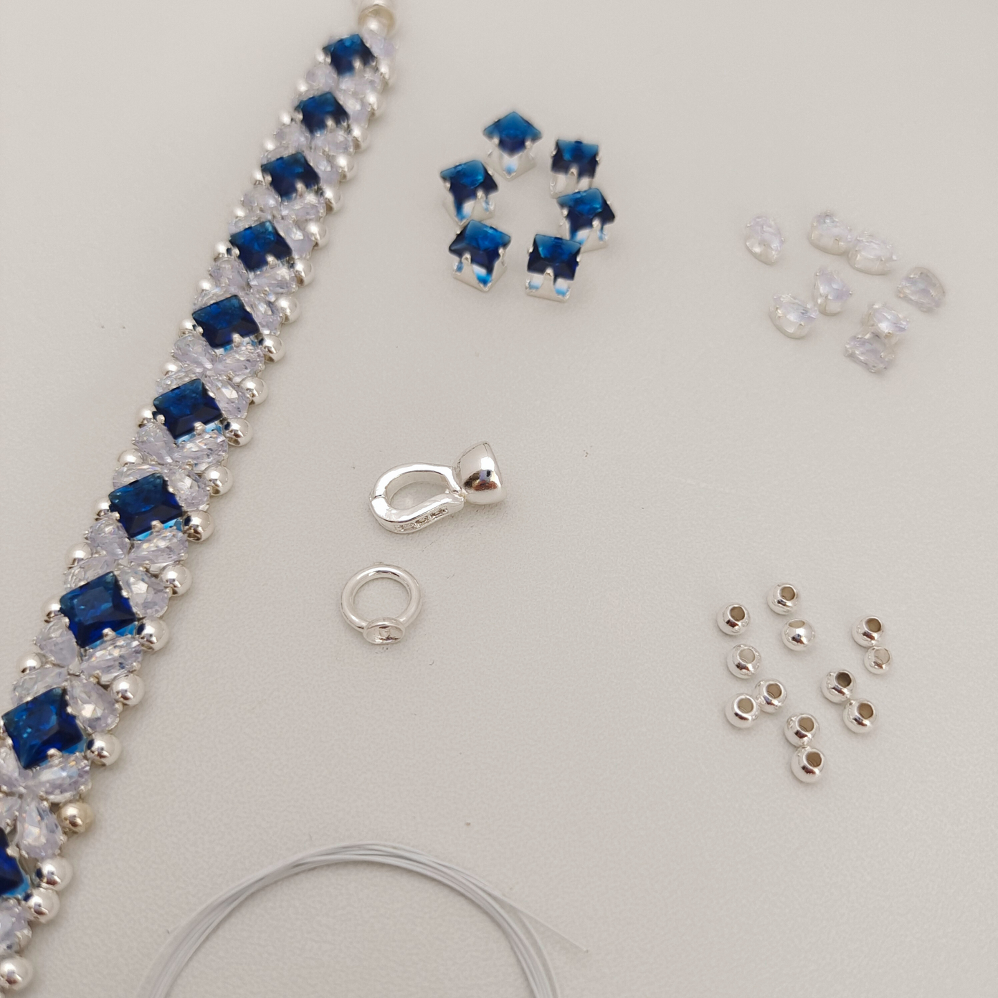 【No.82】 DIY Bracelet Craft Kit – Blue Danube Square & Teardrop CZ Bead Set with Full Tutorial