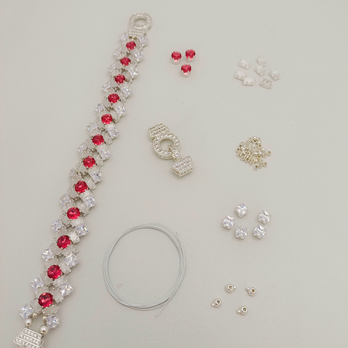 【No.100】DIY Bracelet Kit – “Lily” with Rectangular, Square & Round CZ Stones | Full Tutorial Included