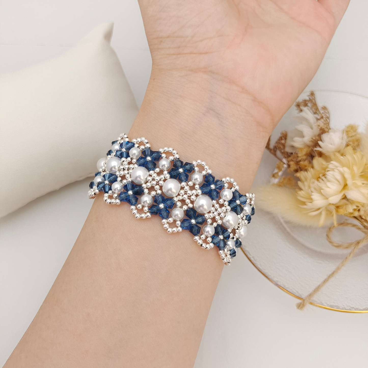 【No.83】 DIY Bracelet Craft Kit – French Lace Beaded Pearl & Crystal Bracelet with 3-Row Clasp