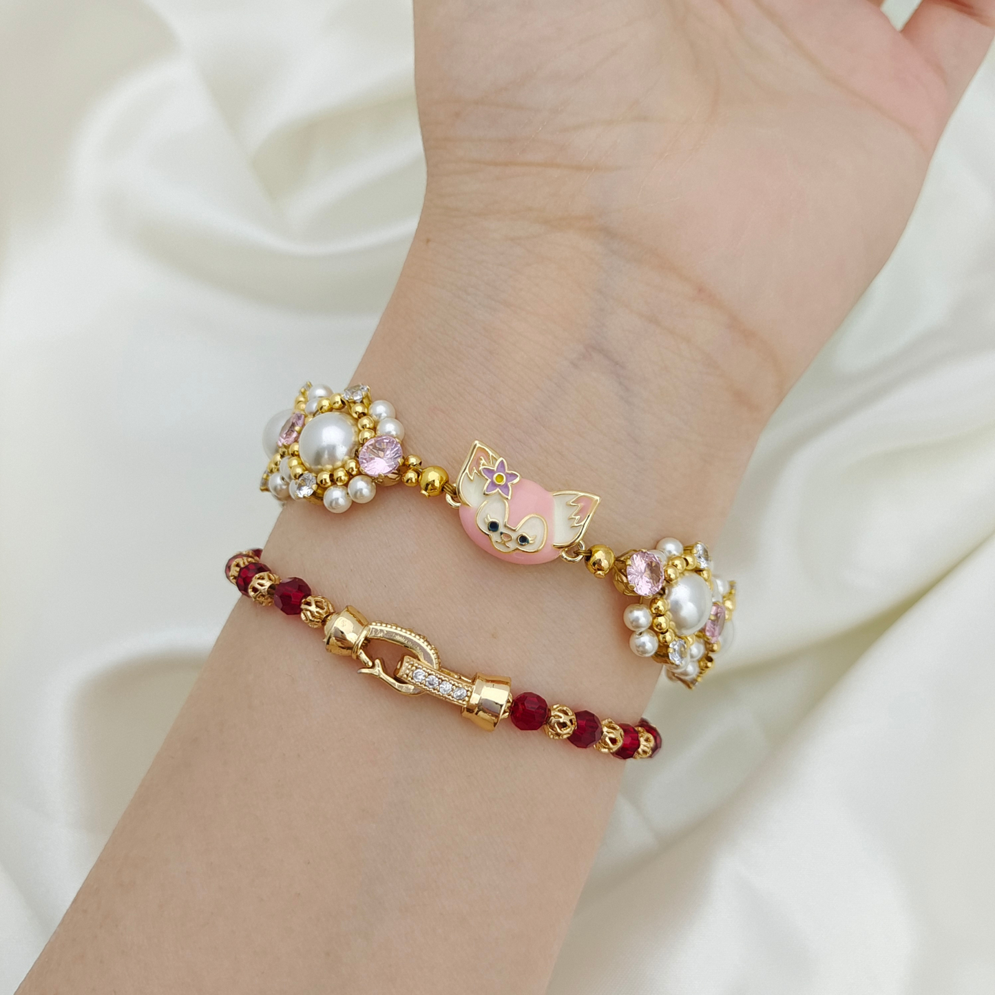 【No.54】 LinaBelle Inspired Premium Handmade Bracelet | Gold, Pink & Pearl | Finished DIY Jewelry
