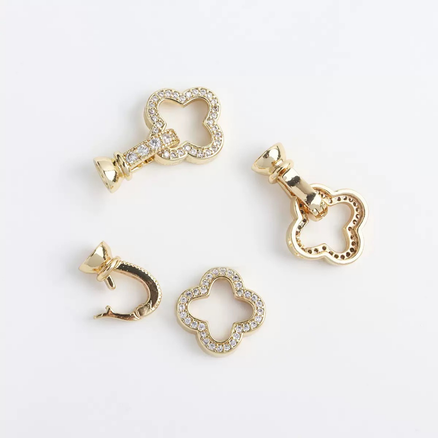 【B21】2PCS Four-Leaf Clover End Clasp – Full Rhinestone | 23×14mm Copper DIY Jewelry Connector