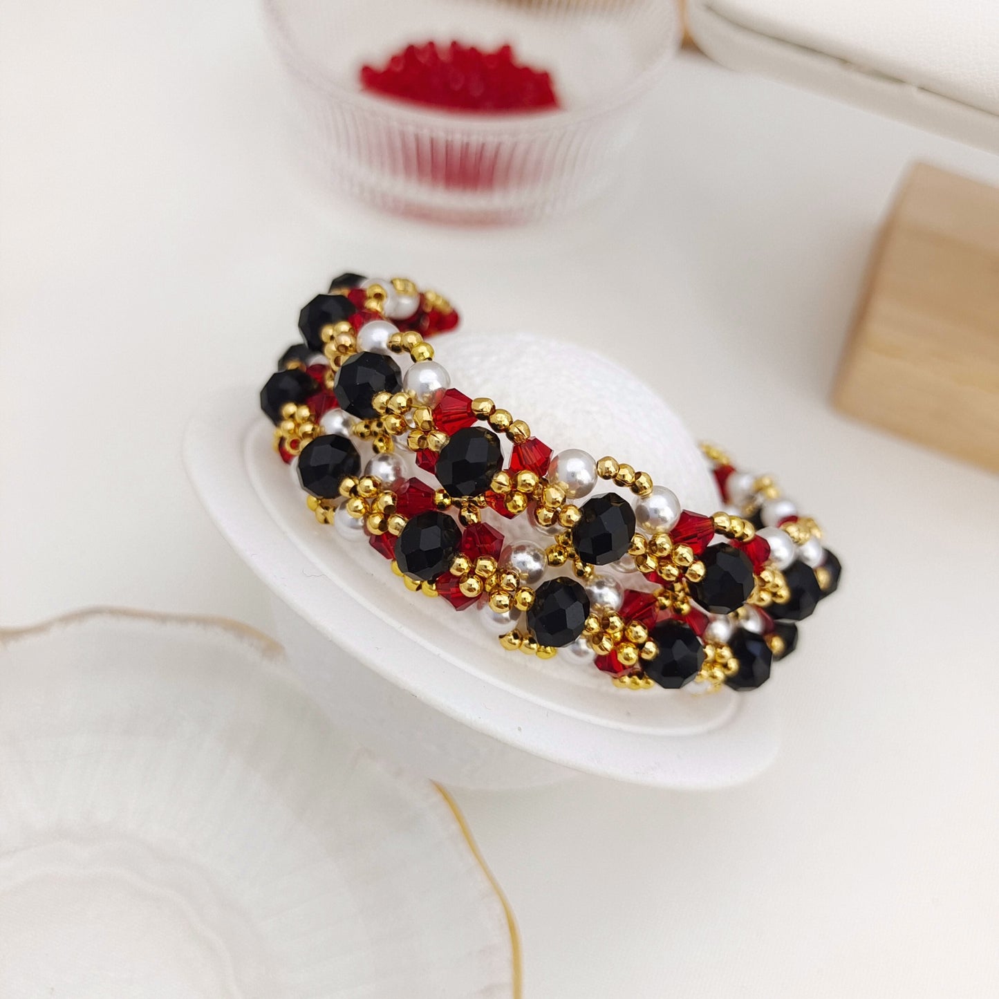 【No.172】DIY Bracelet Making Kit for Beginners - Complete Red & Black Bead Jewelry Craft Set with Video Tutorial iFCraftorium