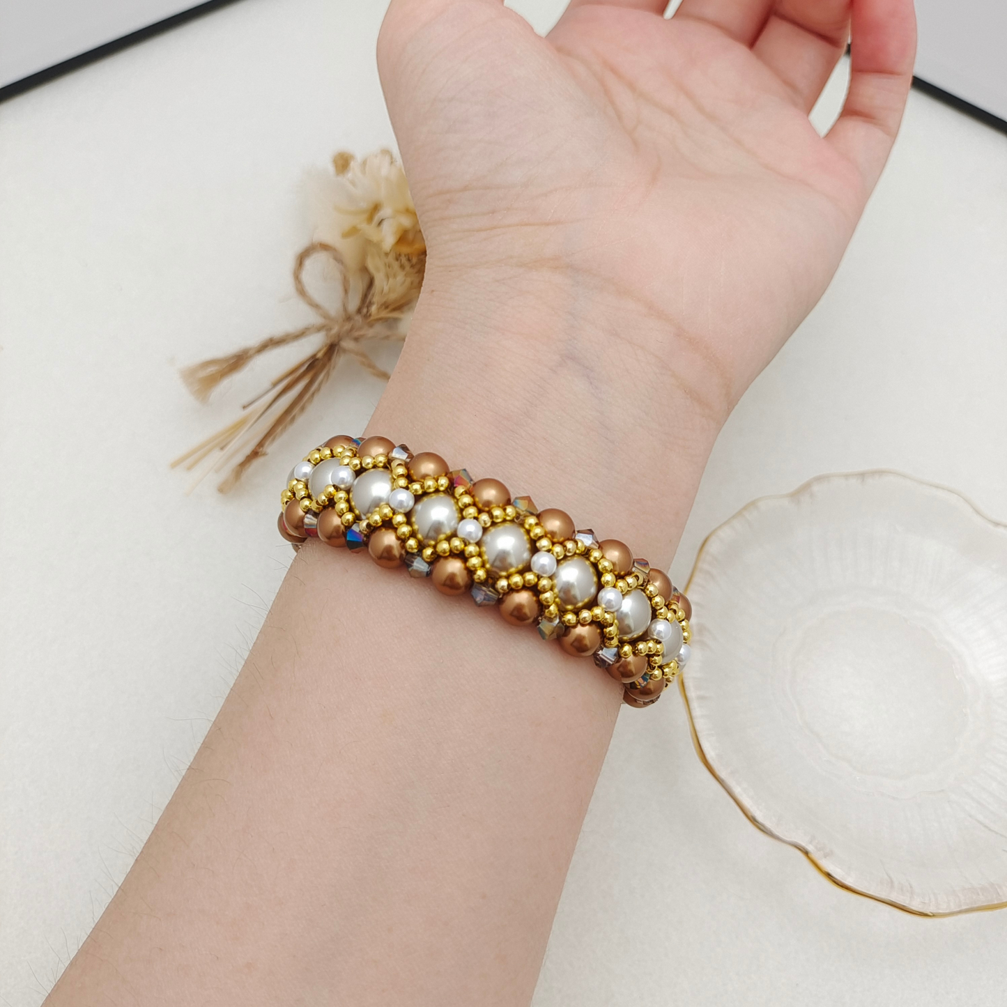 【No.110】Handmade Bracelet – Camellia Bloom | Pearls & Crystal Beads with Double-Row Camellia Clasp