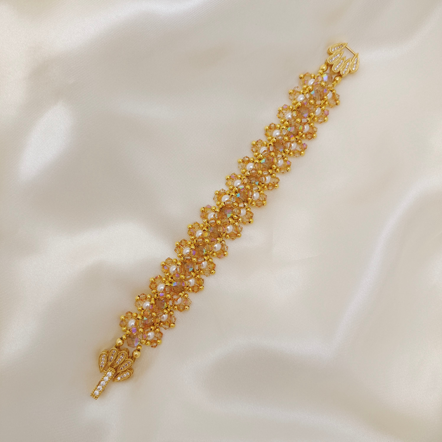 【No.122】DIY Beading Kit – Caramel Macchiato Bracelet | Pearls, AB Crystals & Peacock Clasp | Complete Tutorial