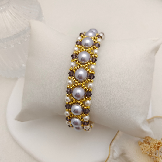 【No.113】Handmade Violet Pearl Weave Bracelet | Elegant Beaded Bracelet with Pearls & Crystal Beads | Lollipop Camellia Clasp