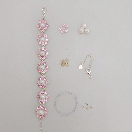 【No.93】DIY Bracelet Kit – Pink Rose Design | 8mm Pearls + Pink CZ Beads | Full Tutorial Included